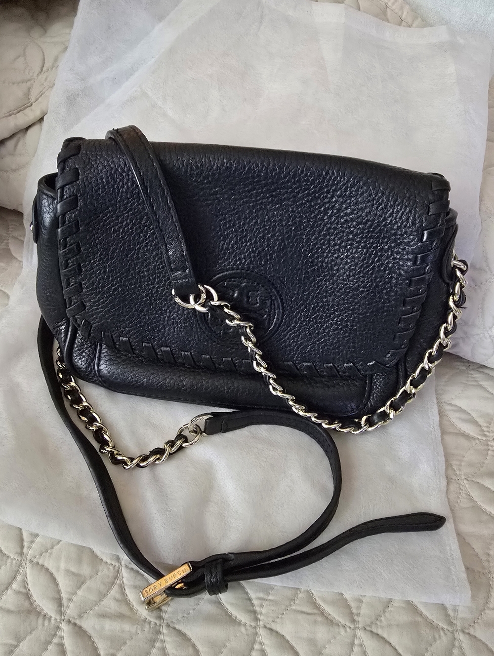 Tory Burch Black Leather Crossbody with Gold Chain Trim